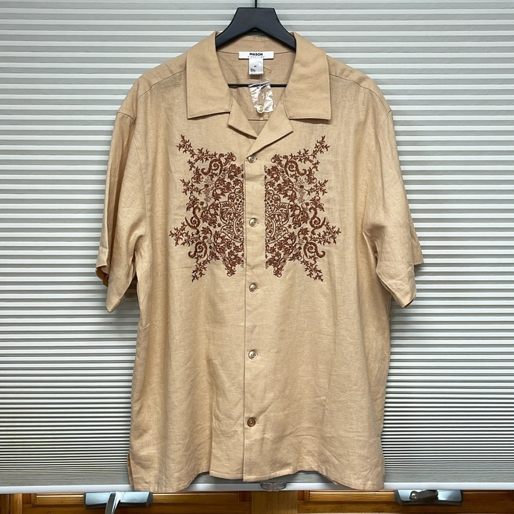 Mason Signature Almond Sienna Embroidered Linen Blend Button Down Shirt - Picture 2 of 7